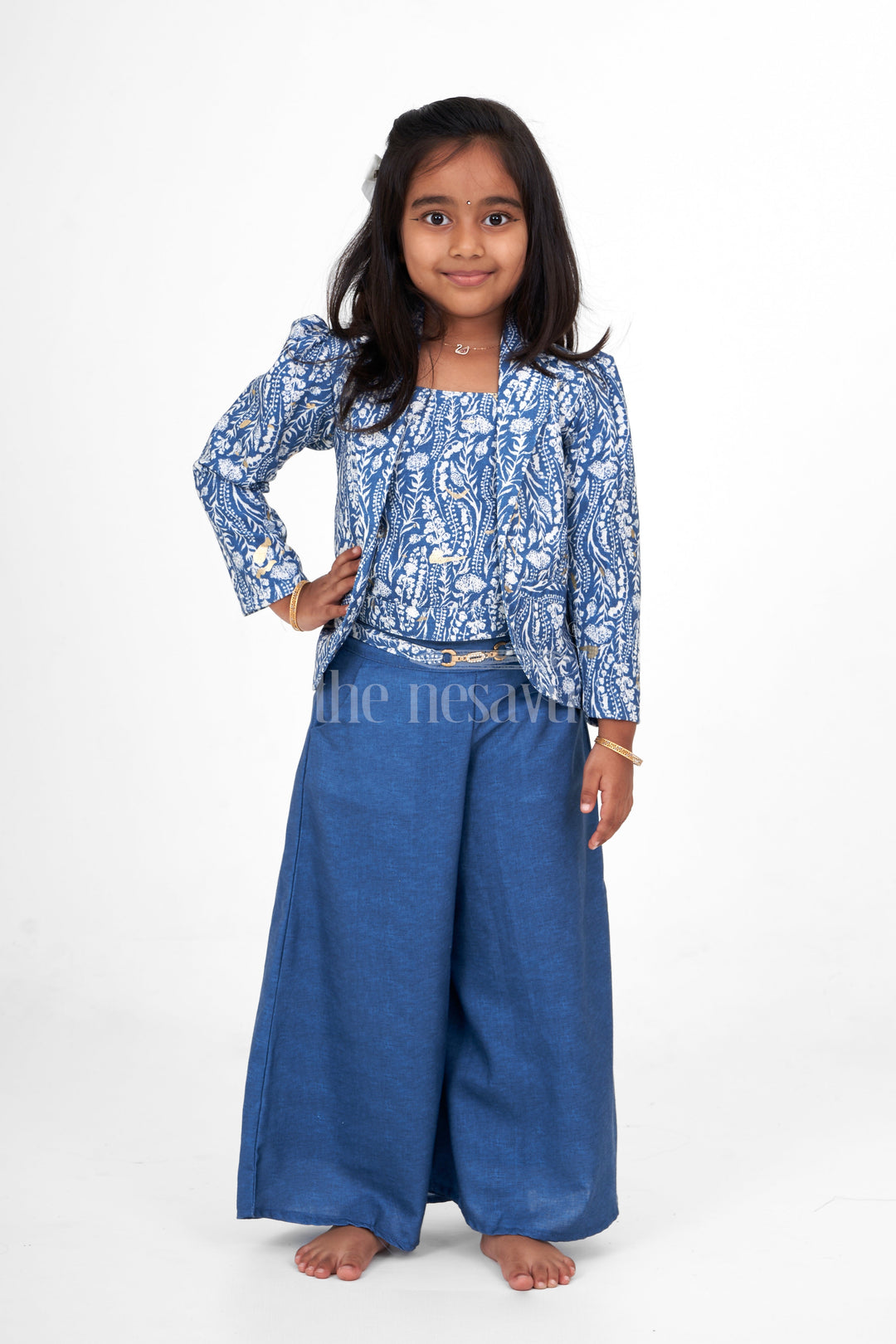 The Nesavu Girls Sharara / Plazo Set Elegant Girls Wedding Sharara Dress in Blue with Printed Blazer and Flowing Palazzo Pants Nesavu Nesavu Elegant Girls Blue Wedding Sharara Dress Printed Blazer Palazzo Pants