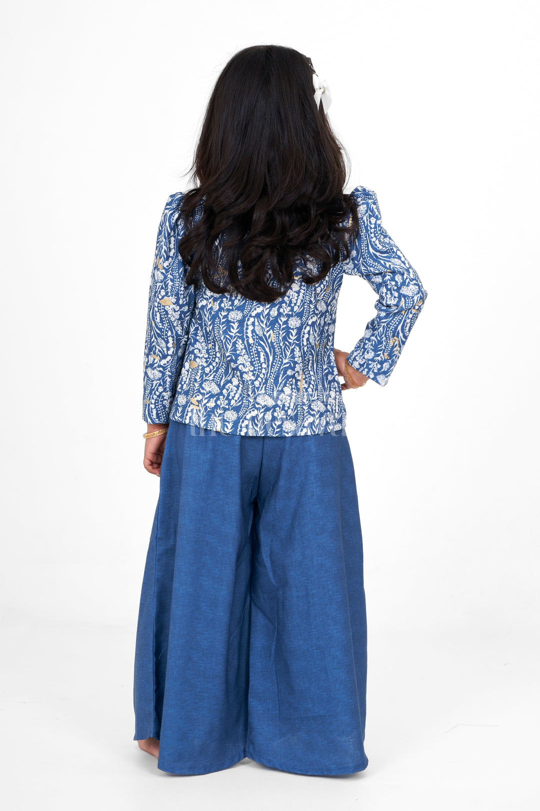 The Nesavu Girls Sharara / Plazo Set Elegant Girls Wedding Sharara Dress in Blue with Printed Blazer and Flowing Palazzo Pants Nesavu Nesavu Elegant Girls Blue Wedding Sharara Dress Printed Blazer Palazzo Pants