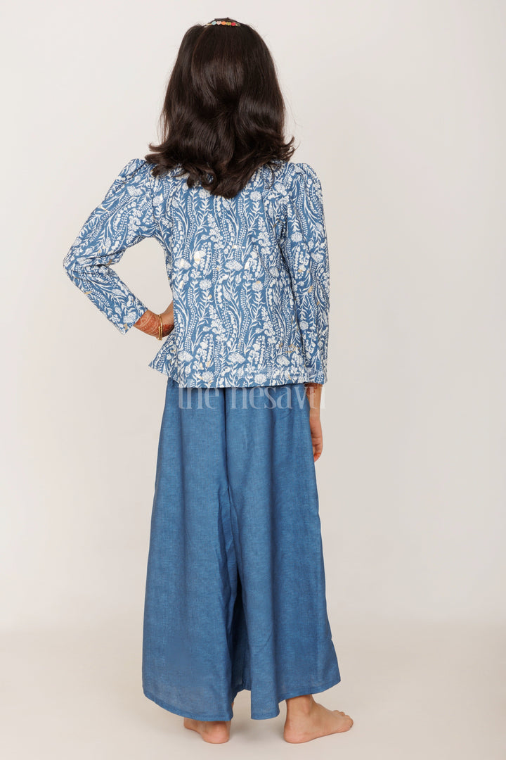 The Nesavu Girls Sharara / Plazo Set Elegant Girls Wedding Sharara Dress in Blue with Printed Blazer and Flowing Palazzo Pants Nesavu Nesavu Elegant Girls Blue Wedding Sharara Dress Printed Blazer Palazzo Pants