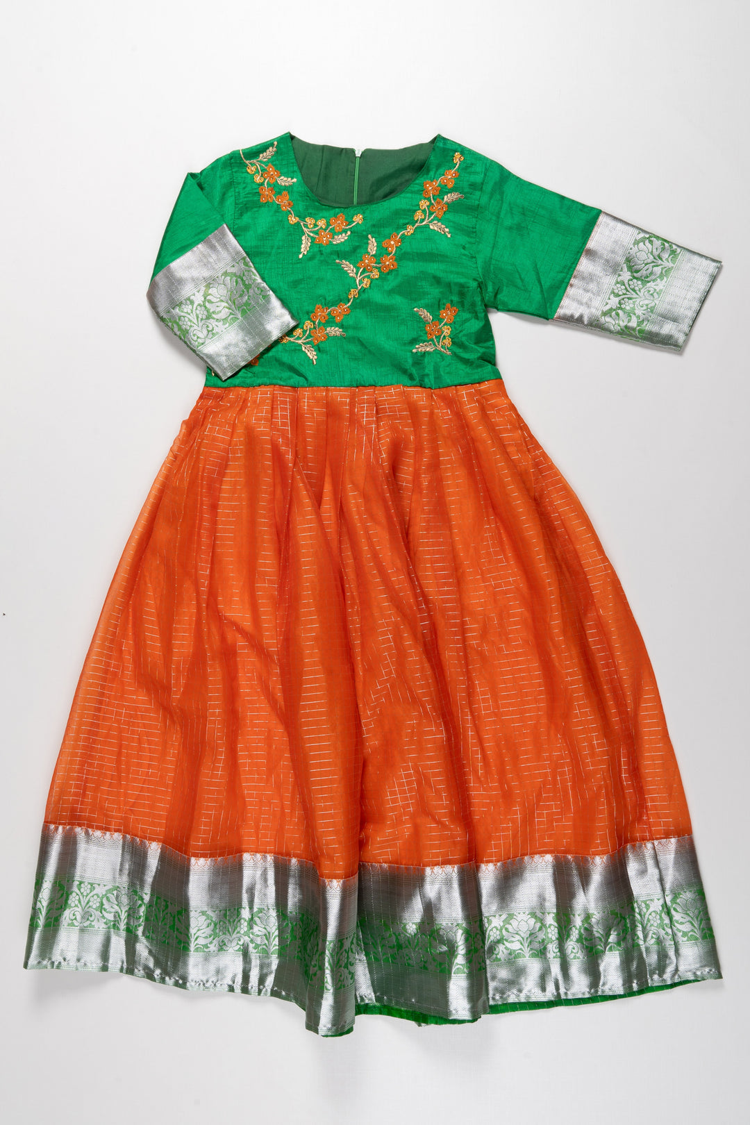 The Nesavu Girls Silk Gown Elegant Green and Orange Embroidered Silk Gown for Girls - Traditional Ethnic Wear Nesavu 24 (5Y) / Orange GA011-24 Girls Green and Orange Embroidered Silk Frock | Traditional Ethnic Wear | Festive Attire | The Nesavu