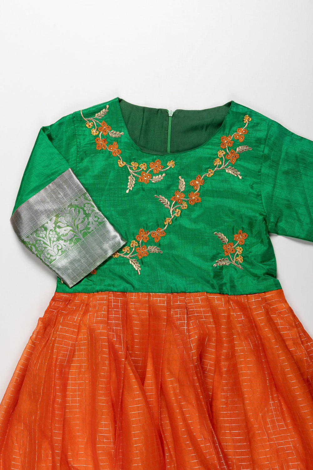 The Nesavu Girls Silk Gown Elegant Green and Orange Embroidered Silk Gown for Girls - Traditional Ethnic Wear Nesavu Girls Green and Orange Embroidered Silk Frock | Traditional Ethnic Wear | Festive Attire | The Nesavu