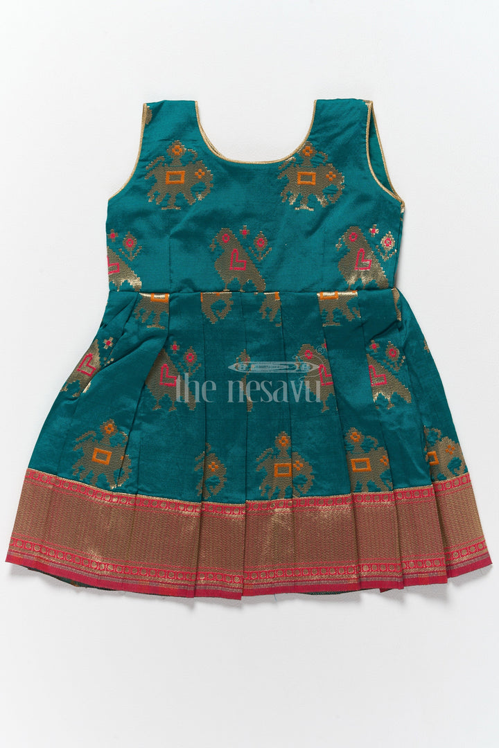 The Nesavu Silk Frock Elegant Green and Red New Model Frocks for Girls with Intricate Jacquard Silk Design Nesavu 14 (6M) / Green / Style 3 SF950C-14 Nesavus Green Red New Model Jacquard Silk Frocks Girls Golden Highlights