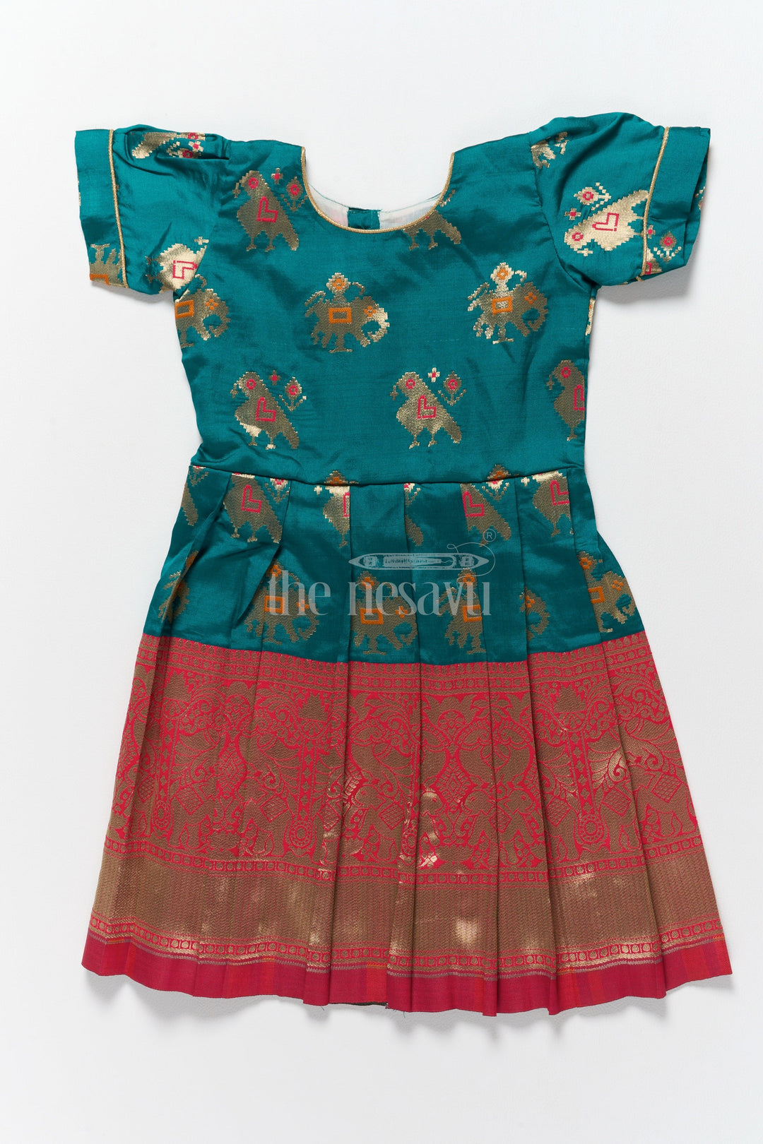 The Nesavu Silk Frock Elegant Green and Red New Model Frocks for Girls with Intricate Jacquard Silk Design Nesavu 22 (4Y) / Green / Style 1 SF950A-22 Nesavus Green Red New Model Jacquard Silk Frocks Girls Golden Highlights