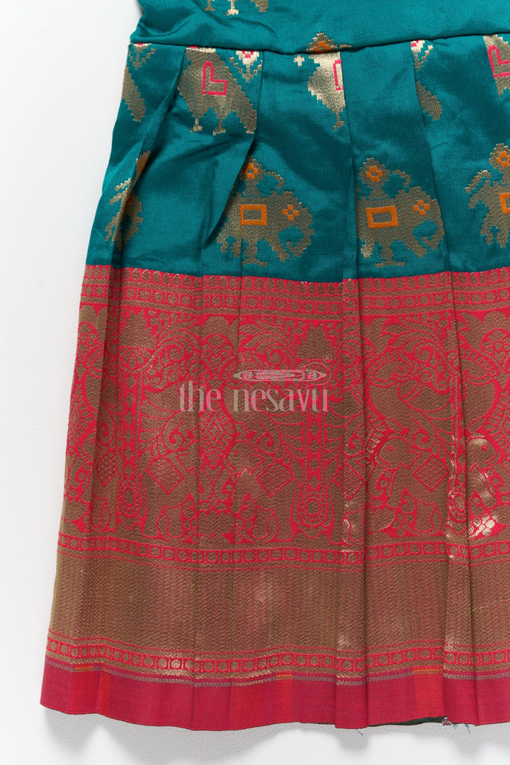 The Nesavu Silk Frock Elegant Green and Red New Model Frocks for Girls with Intricate Jacquard Silk Design Nesavu Nesavus Green Red New Model Jacquard Silk Frocks Girls Golden Highlights