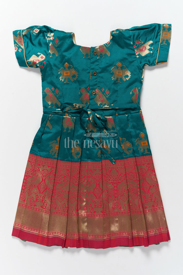 The Nesavu Silk Frock Elegant Green and Red New Model Frocks for Girls with Intricate Jacquard Silk Design Nesavu Nesavus Green Red New Model Jacquard Silk Frocks Girls Golden Highlights