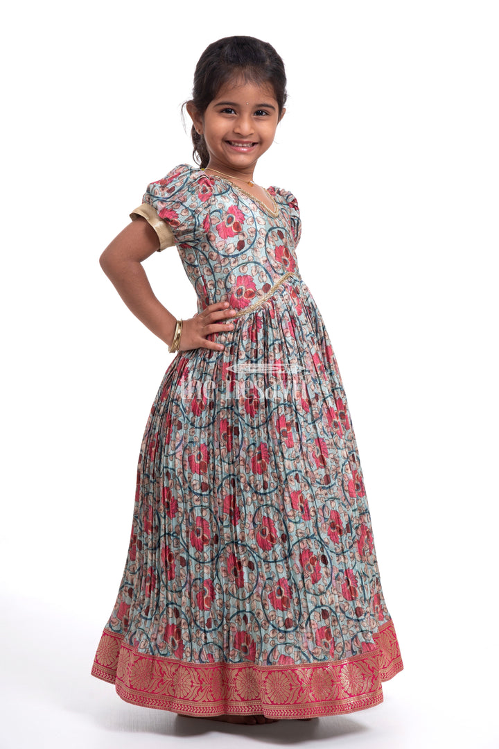 The Nesavu Girls Silk Gown Elegant Green Kalamkari Chinon Party Gown for Girls Nesavu Elegant Green Kalamkari Chinon Party Gown for Girls - Festive Wear