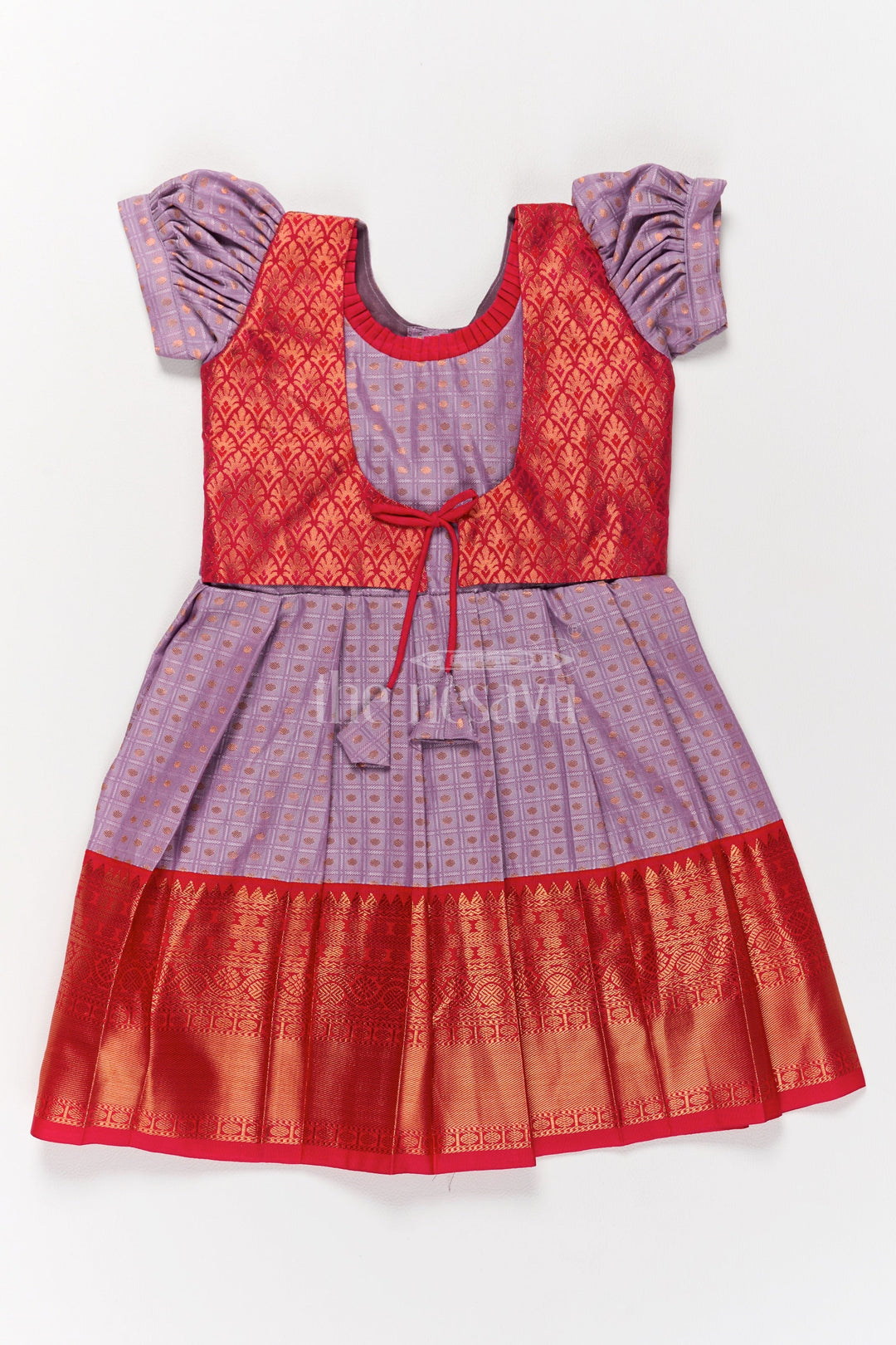 The Nesavu Girls Kanchi Silk Frock Elegant Lavender and Red Pongal Ethnic Wear for Girls with Puff Sleeves and Zari Accents Nesavu 16 (1Y) / Purple / Style 1 SF826BA-16 Nesavu Lavender Red Traditional Ethnic Wear Girls Perfect Pongal Festivities