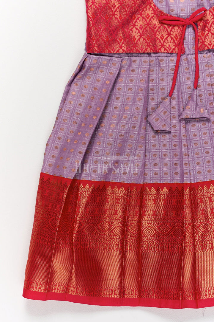 The Nesavu Girls Kanchi Silk Frock Elegant Lavender and Red Pongal Ethnic Wear for Girls with Puff Sleeves and Zari Accents Nesavu Nesavu Lavender Red Traditional Ethnic Wear Girls Perfect Pongal Festivities