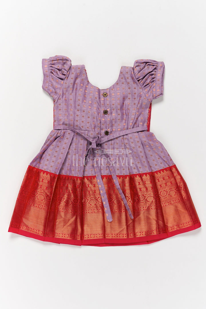 The Nesavu Girls Kanchi Silk Frock Elegant Lavender and Red Pongal Ethnic Wear for Girls with Puff Sleeves and Zari Accents Nesavu Nesavu Lavender Red Traditional Ethnic Wear Girls Perfect Pongal Festivities