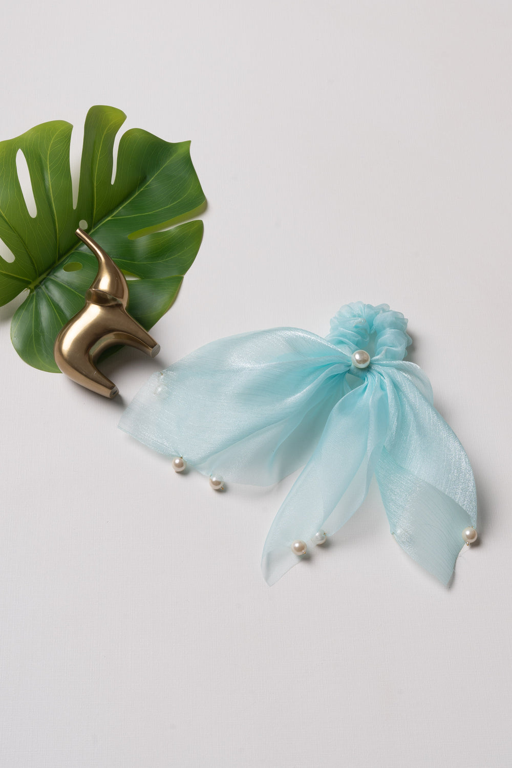 The Nesavu Scrunchies / Rubber Band Elegant Light Blue Organza Pearl Hairband Nesavu Blue JHS25A Light Blue Organza Hairband with Pearls | Feminine and Elegant Hair Accessory | The Nesavu