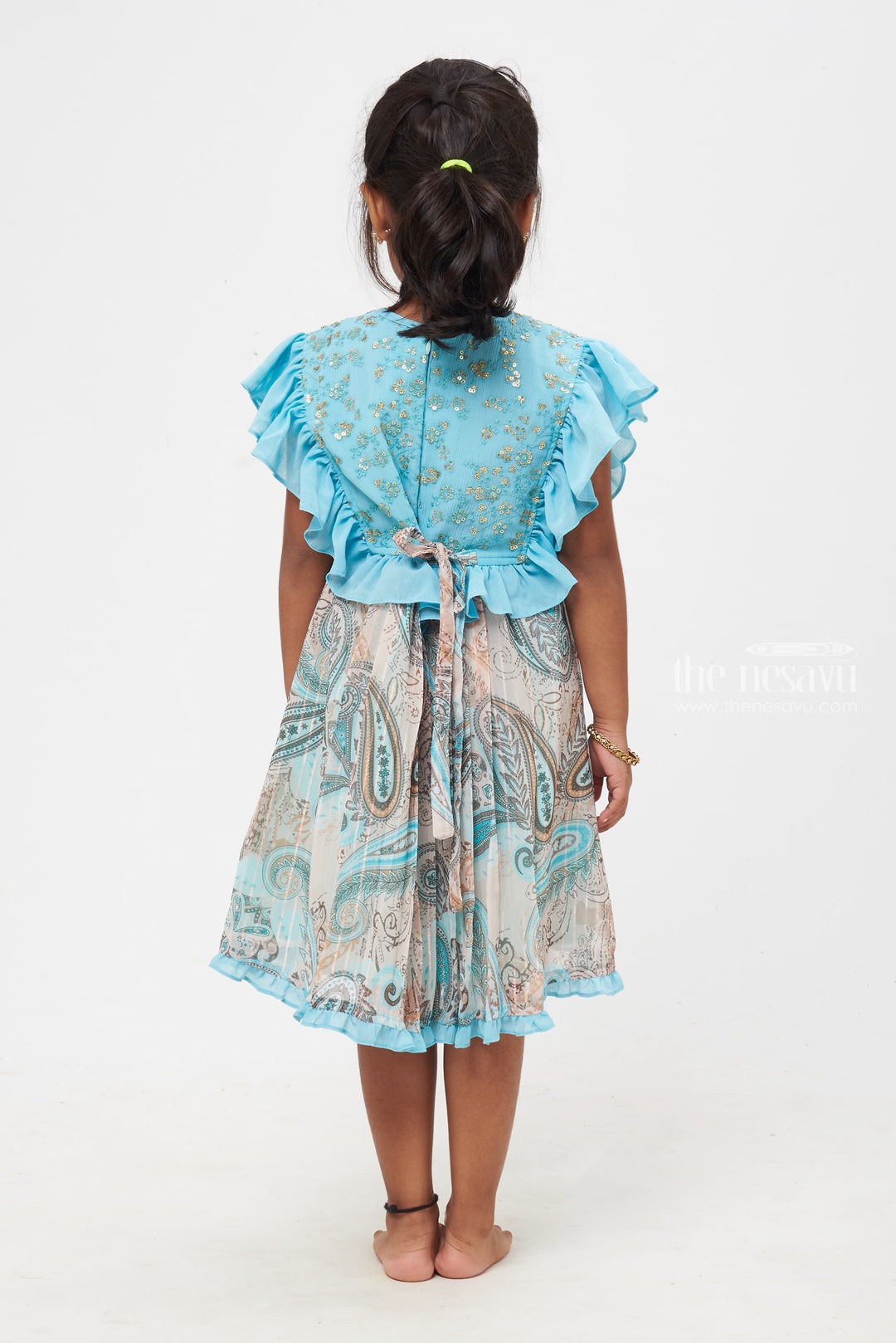 The Nesavu Girls Cotton Frock Elegant Paisley Patterned Turquoise Frock for Girls Nesavu Exquisite Paisley-Printed Turquoise Frock | Tradition Meets Modernity | The Nesavu