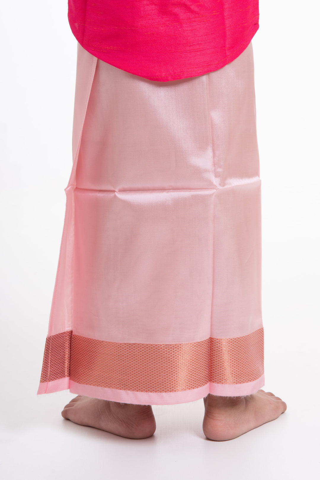 The Nesavu Boys Vesti Elegant Peach Silk Blend Boys Dhoti with Copper Geometric Borders Nesavu Peach Boys Dhoti with Copper Detailing | Elegant Traditional Festival Attire | The Nesavu