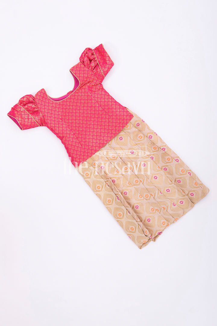 The Nesavu Pattu Pavadai Elegant Pink and Gold Silk Pattu Pavadai for Kids Nesavu 14 (6M) / Beige GPP313A-14 Pink and Gold Silk Pattu Pavadai for Kids - Traditional Festive Wear