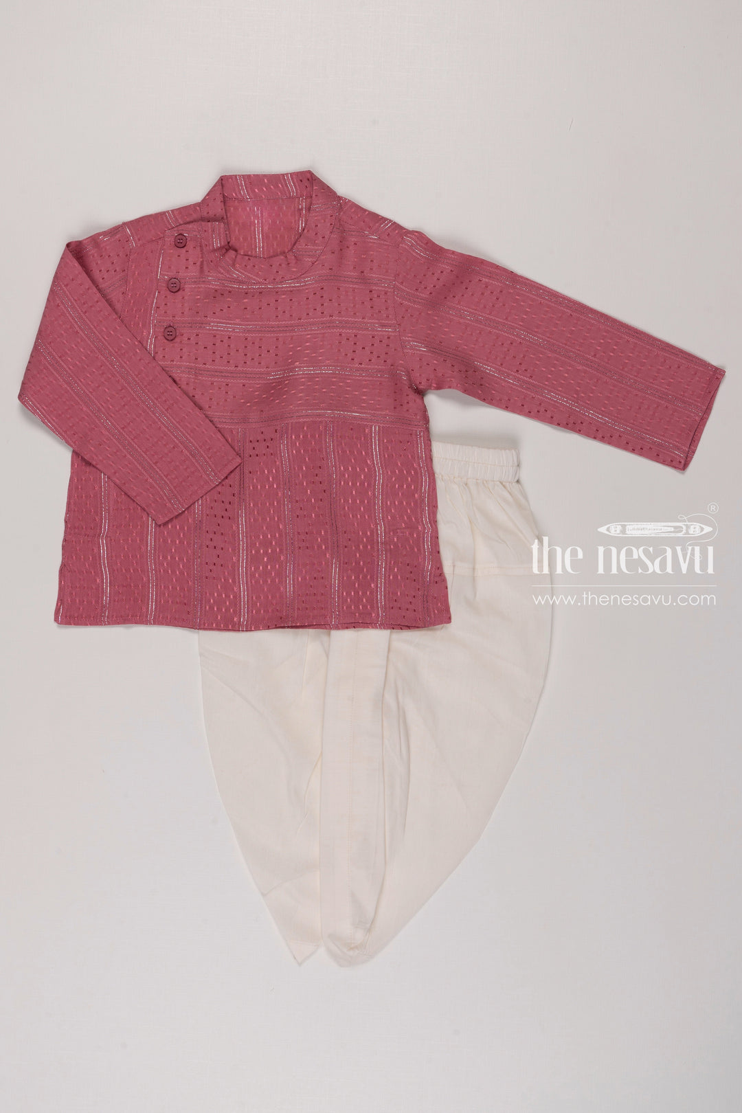 The Nesavu Boys Dothi Set Elegant Pink Kurta with White Dhoti Set for Boys Party Wear Dress Nesavu 12 (3M) / Pink / Silk BES479A-12 Boys Pink Kurta Set with White Dhoti | Traditional Festive Wear | Elegant Ethnic Outfit | The Nesavu