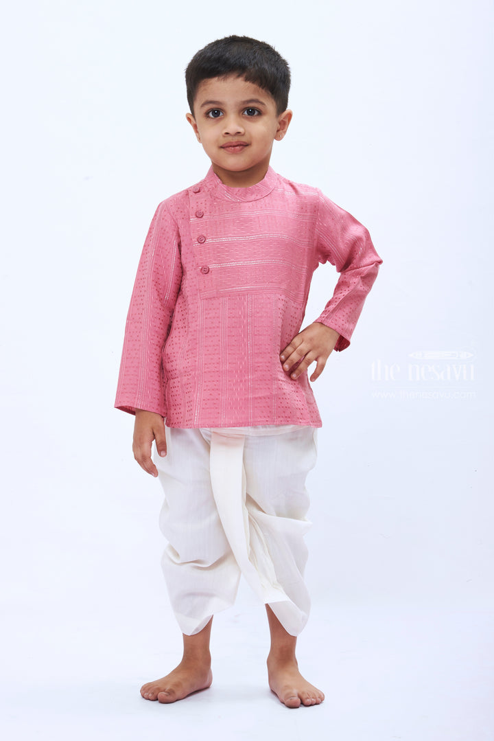 The Nesavu Boys Dothi Set Elegant Pink Kurta with White Dhoti Set for Boys Party Wear Dress Nesavu 12 (3M) / Pink / Silk BES479A-12 Boys Pink Kurta Set with White Dhoti | Traditional Festive Wear | Elegant Ethnic Outfit | The Nesavu