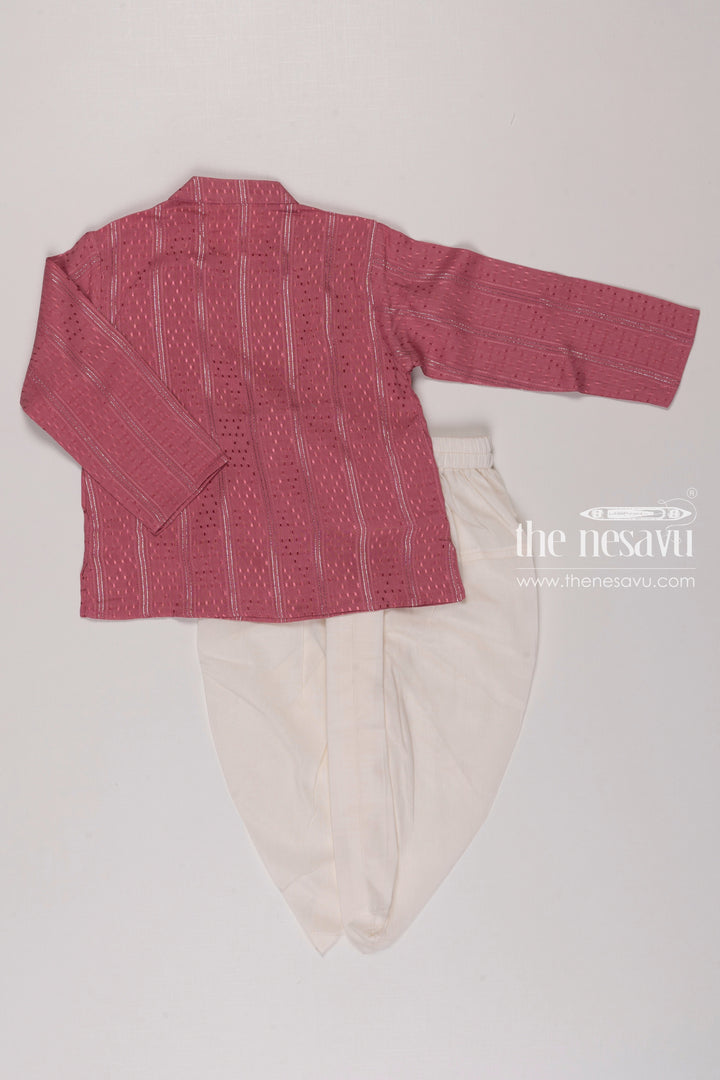 The Nesavu Boys Dothi Set Elegant Pink Kurta with White Dhoti Set for Boys Party Wear Dress Nesavu Boys Pink Kurta Set with White Dhoti | Traditional Festive Wear | Elegant Ethnic Outfit | The Nesavu