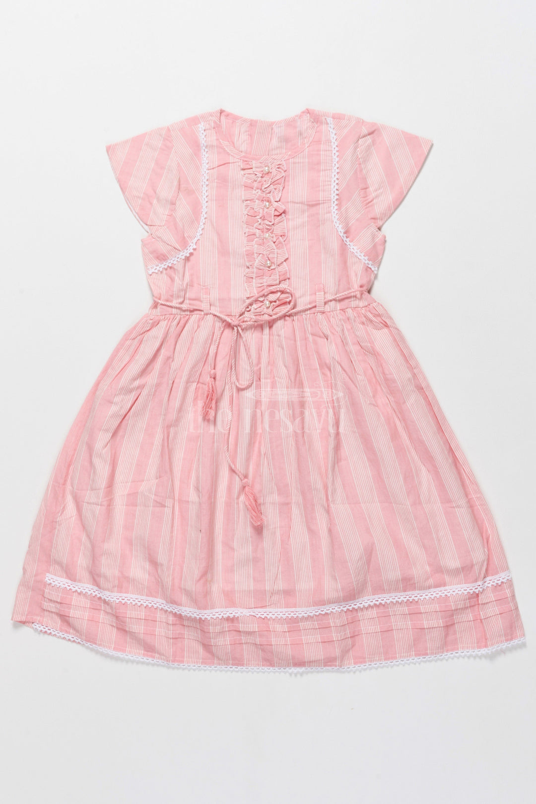 The Nesavu Girls Cotton Frock Elegant Pink Striped Cotton Frock for Girls with Lace Details Frock Design for Girls Nesavu 28 (7Y) / Pink GFC1487A-28 Nesavu Elegant Pink Striped Cotton Frock Girls Ruffle Accents Lace Details