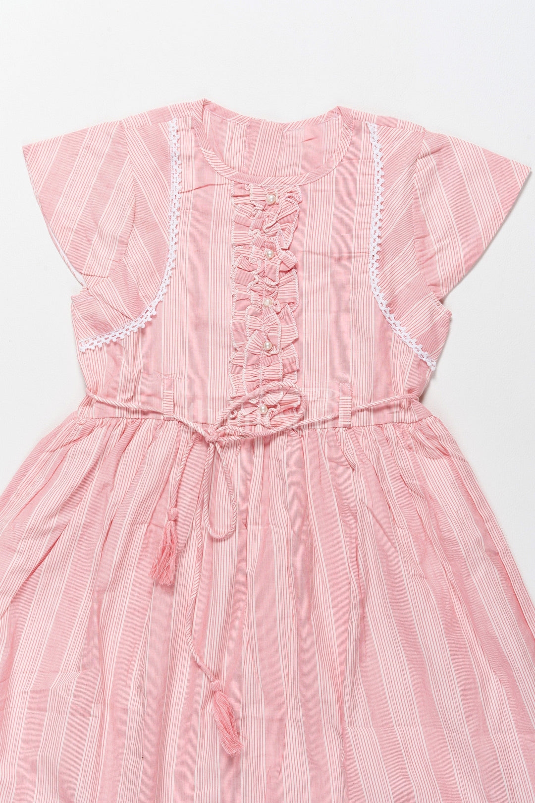 The Nesavu Girls Cotton Frock Elegant Pink Striped Cotton Frock for Girls with Lace Details Frock Design for Girls Nesavu Nesavu Elegant Pink Striped Cotton Frock Girls Ruffle Accents Lace Details