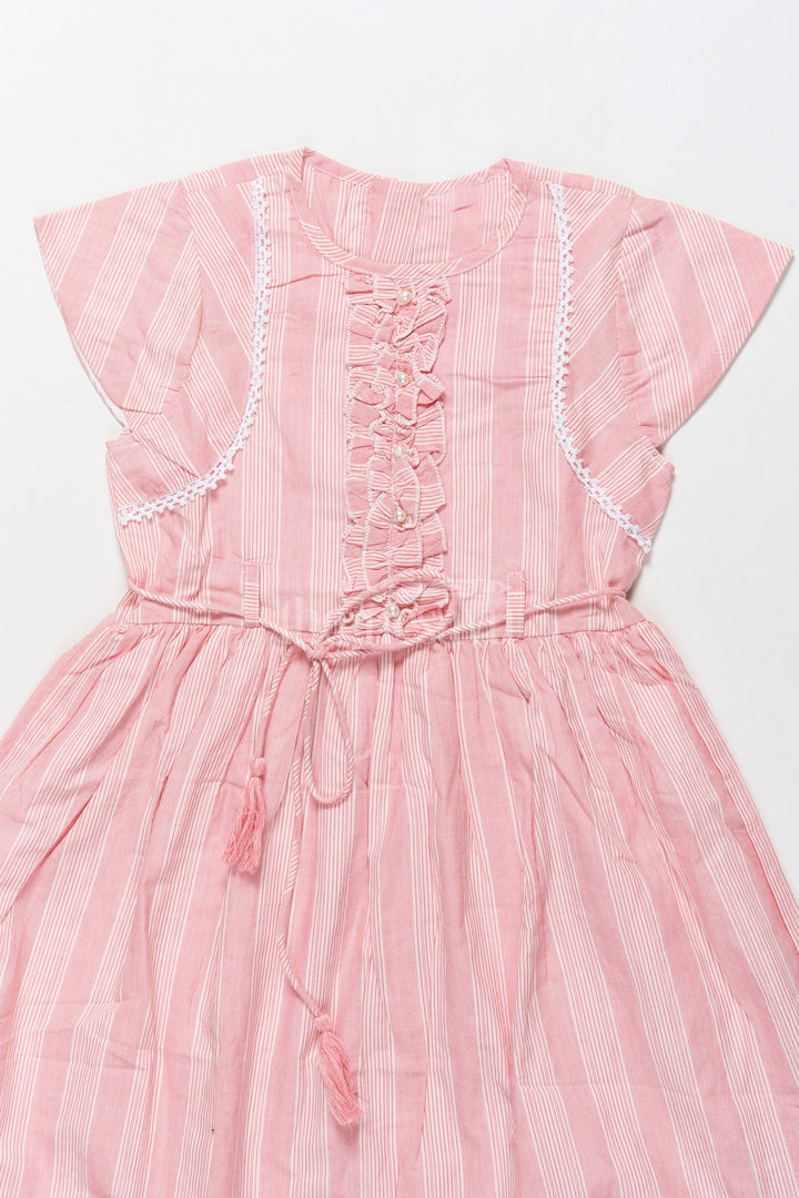 The Nesavu Girls Cotton Frock Elegant Pink Striped Cotton Frock for Girls with Lace Details Frock Design for Girls Nesavu Nesavu Elegant Pink Striped Cotton Frock Girls Ruffle Accents Lace Details