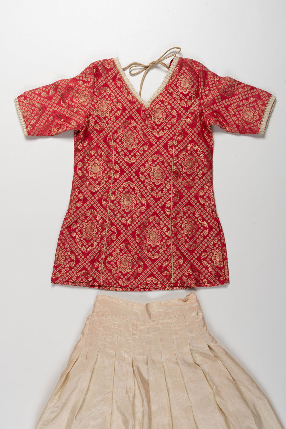 The Nesavu Pattu Pavadai Elegant Red and Cream Pattu Pavadai for Girls - Traditional Ethnic Silk Skirt and Blouse Set Nesavu Girls Red and Cream Pattu Pavadai | Traditional Ethnic Silk Skirt and Blouse Set | The Nesavu