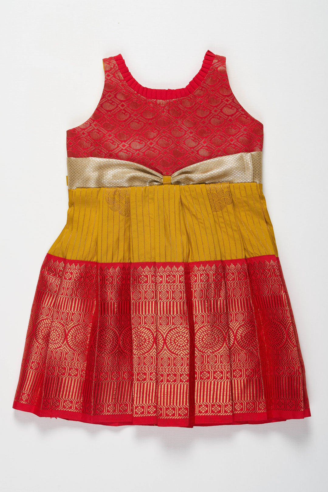 The Nesavu Girls Kanchi Silk Frock Elegant Red and Yellow Silk Frock for Girls Nesavu Elegant Red and Yellow Silk Frock for Girls with Silver Bow