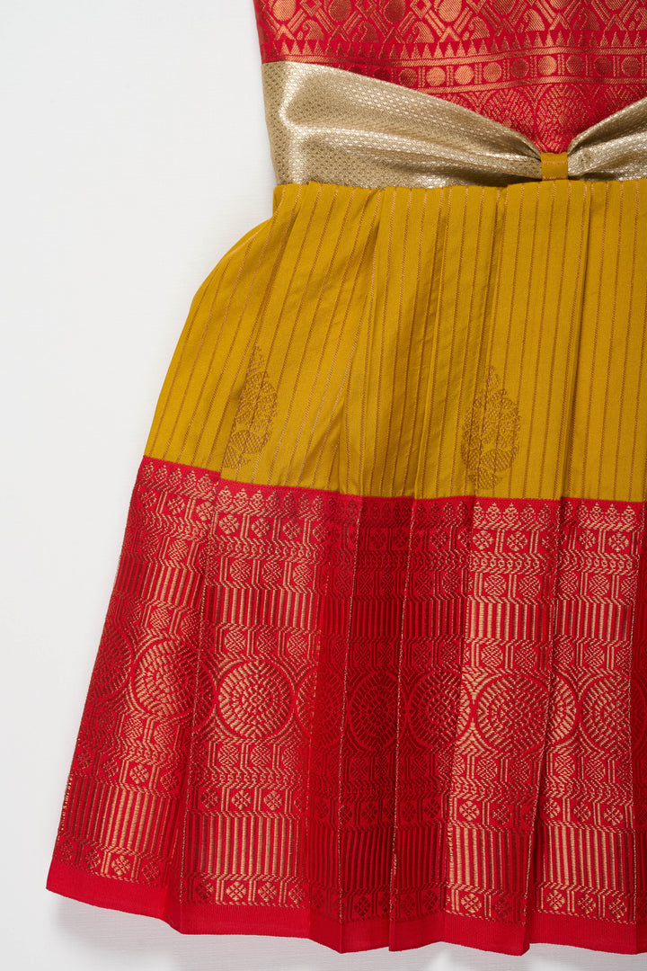 The Nesavu Girls Kanchi Silk Frock Elegant Red and Yellow Silk Frock for Girls Nesavu Elegant Red and Yellow Silk Frock for Girls with Silver Bow