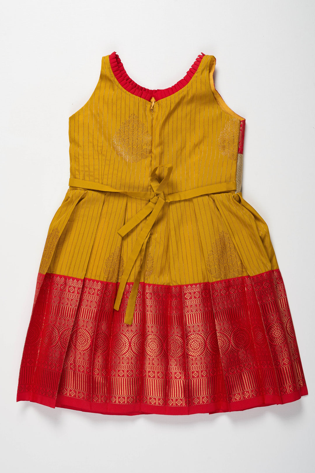 The Nesavu Girls Kanchi Silk Frock Elegant Red and Yellow Silk Frock for Girls Nesavu Elegant Red and Yellow Silk Frock for Girls with Silver Bow