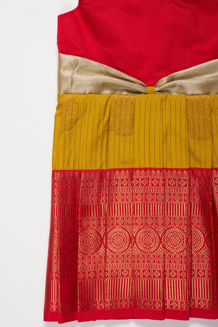 The Nesavu Girls Kanchi Silk Frock Elegant Red and Yellow Silk Frock for Girls Nesavu Elegant Red and Yellow Silk Frock for Girls with Silver Bow