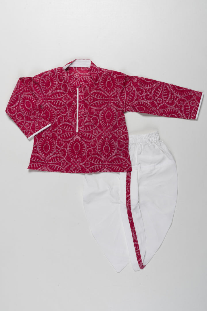 The Nesavu Boys Dothi Set Elegant Red Patterned Kurta with White Dhoti Set for Boys Nesavu 12 (3M) / Pink / Cotton BES546B-12 Traditional Boys Red Kurta with White Dhoti Set | Festive Cultural Wear | The Nesavu