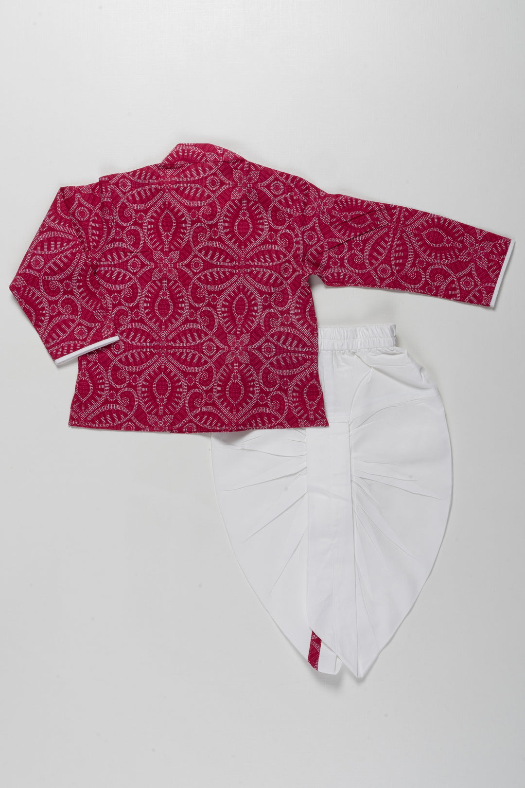 The Nesavu Boys Dothi Set Elegant Red Patterned Kurta with White Dhoti Set for Boys Nesavu Traditional Boys Red Kurta with White Dhoti Set | Festive Cultural Wear | The Nesavu