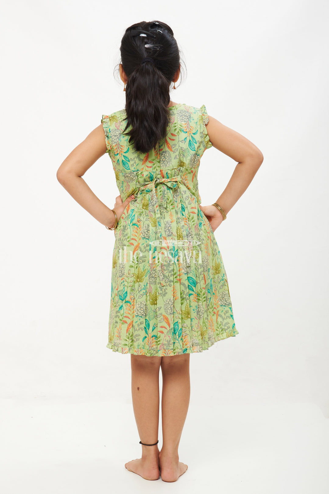 The Nesavu Girls Cotton Frock Elegant Sleeveless A-Line Cotton Dress with Floral Prints - Green Nesavu Elegant Sleeveless A-Line Cotton Dress with Floral Prints - Nesavu | Green