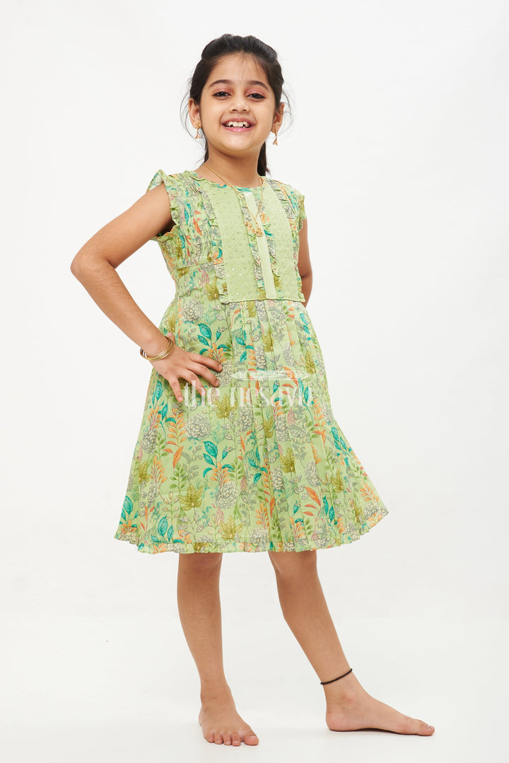 The Nesavu Girls Cotton Frock Elegant Sleeveless A-Line Cotton Dress with Floral Prints - Green Nesavu Elegant Sleeveless A-Line Cotton Dress with Floral Prints - Nesavu | Green