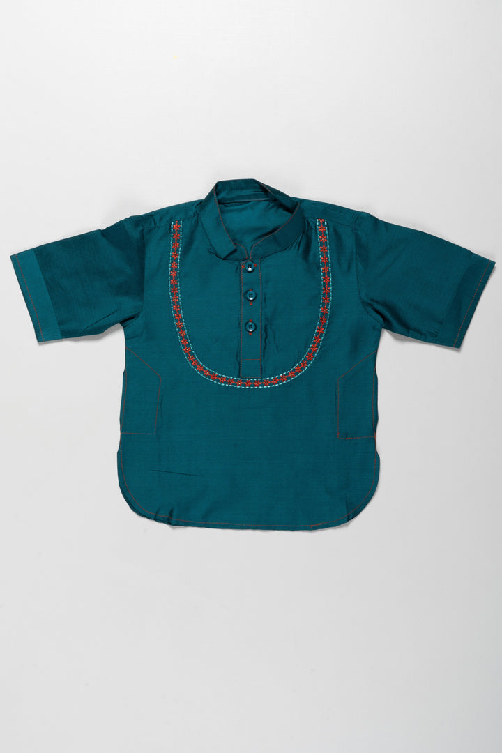 The Nesavu Boys Kurtha Shirt Elegant Teal Boys Kurta Shirt with Embroidered Placket - Perfect for Festive Occasions Nesavu 16 (1Y) / Blue / Blend Silk BS139A-16 Elegant Teal Boys Kurta Shirt with Embroidered Placket | Perfect for Festive Occasions | The Nesavu