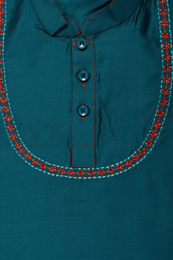 The Nesavu Boys Kurtha Shirt Elegant Teal Boys Kurta Shirt with Embroidered Placket - Perfect for Festive Occasions Nesavu Elegant Teal Boys Kurta Shirt with Embroidered Placket | Perfect for Festive Occasions | The Nesavu