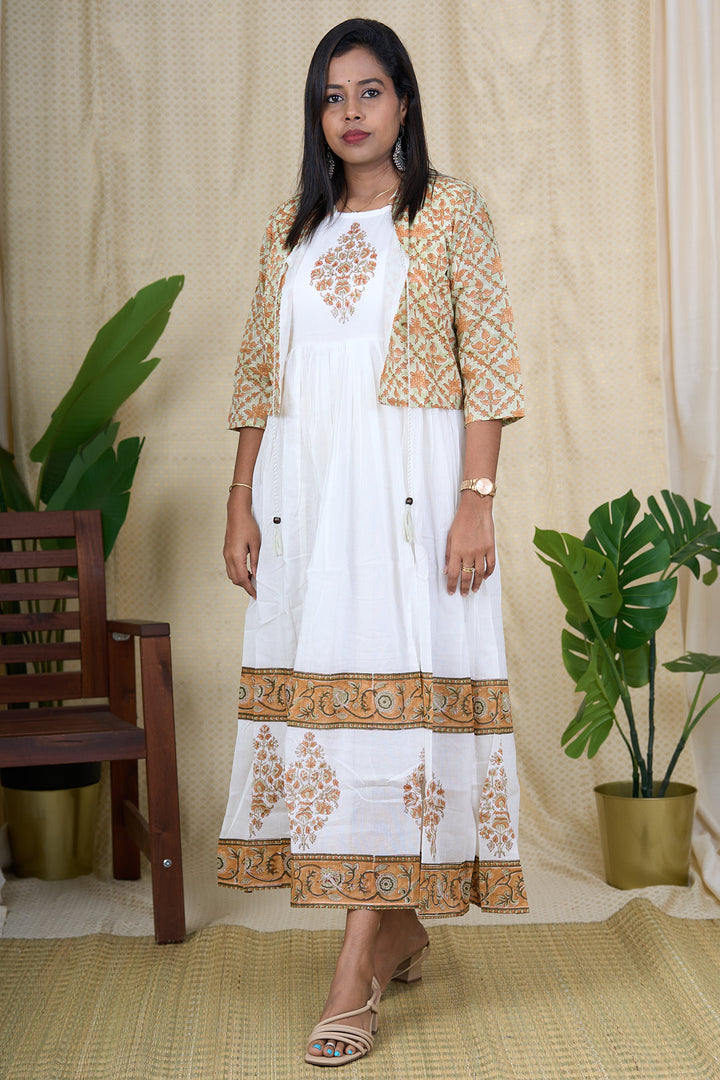 The Nesavu Womens Flared Kurthas Elegant White Cotton Gown with Hand Block Print and Jacket Nesavu 38 (M) / White / Cotton WT008A-38 White Cotton Gown for Women with Jacket | Hand Block Printed One Piece