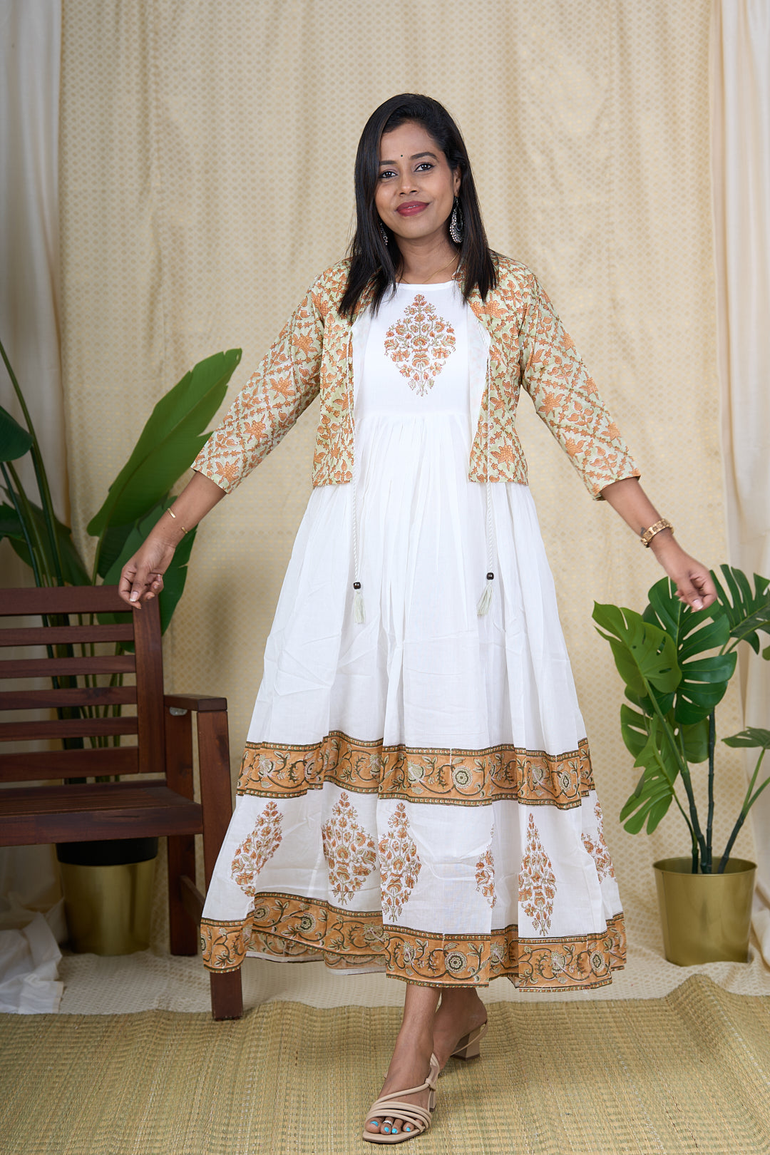 The Nesavu Womens Flared Kurthas Elegant White Cotton Gown with Hand Block Print and Jacket Nesavu White Cotton Gown for Women with Jacket | Hand Block Printed One Piece