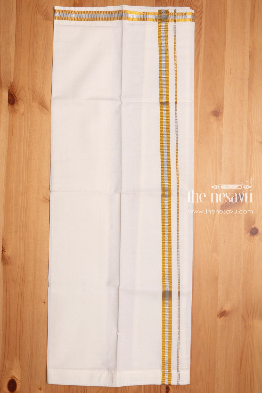 The Nesavu Boys Vesti Elegant White Dothi with DualTone Gold Border Boys Traditional Attire Nesavu 12 (3M) / White / Cotton D007-12 Boys Traditional White Dothi with Dual Tone Gold | Ethnic Wear for Festive Occasions | The Nesavu