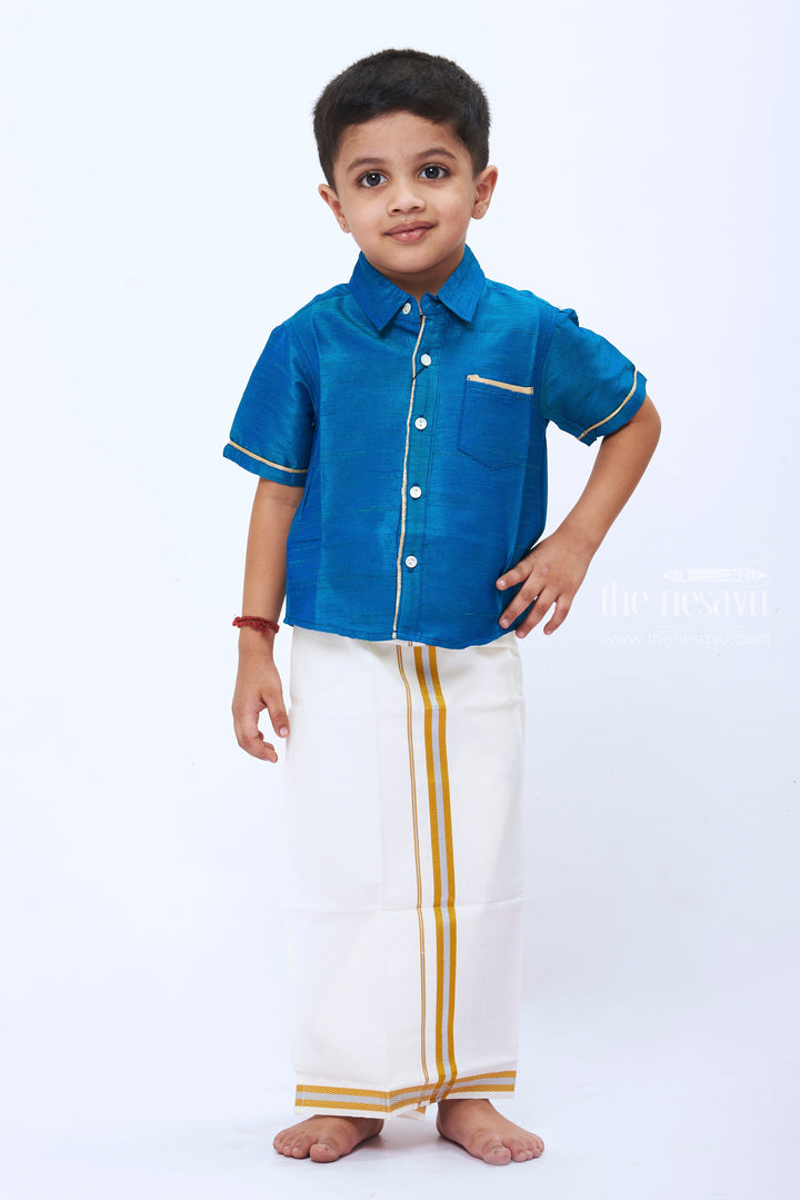 The Nesavu Boys Vesti Elegant White Dothi with DualTone Gold Border Boys Traditional Attire Nesavu Boys Traditional White Dothi with Dual Tone Gold | Ethnic Wear for Festive Occasions | The Nesavu