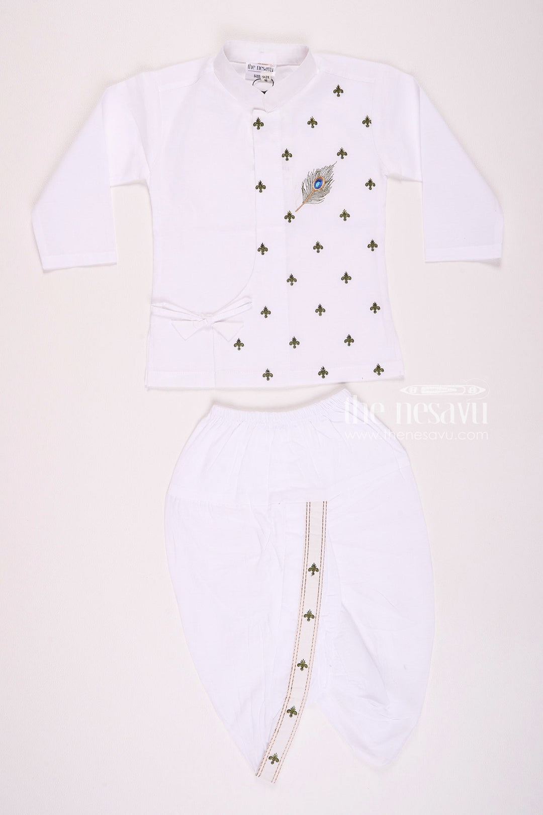 The Nesavu Boys Dothi Set Elegant White Krishna Jayanthi Baby Kurtha with Dothi Pant Set Nesavu 12 (3M) / White BES556B-12 Elegant White Krishna Jayanthi Baby Kurtha with Dothi Pant Set - Gokulashtami Outfit