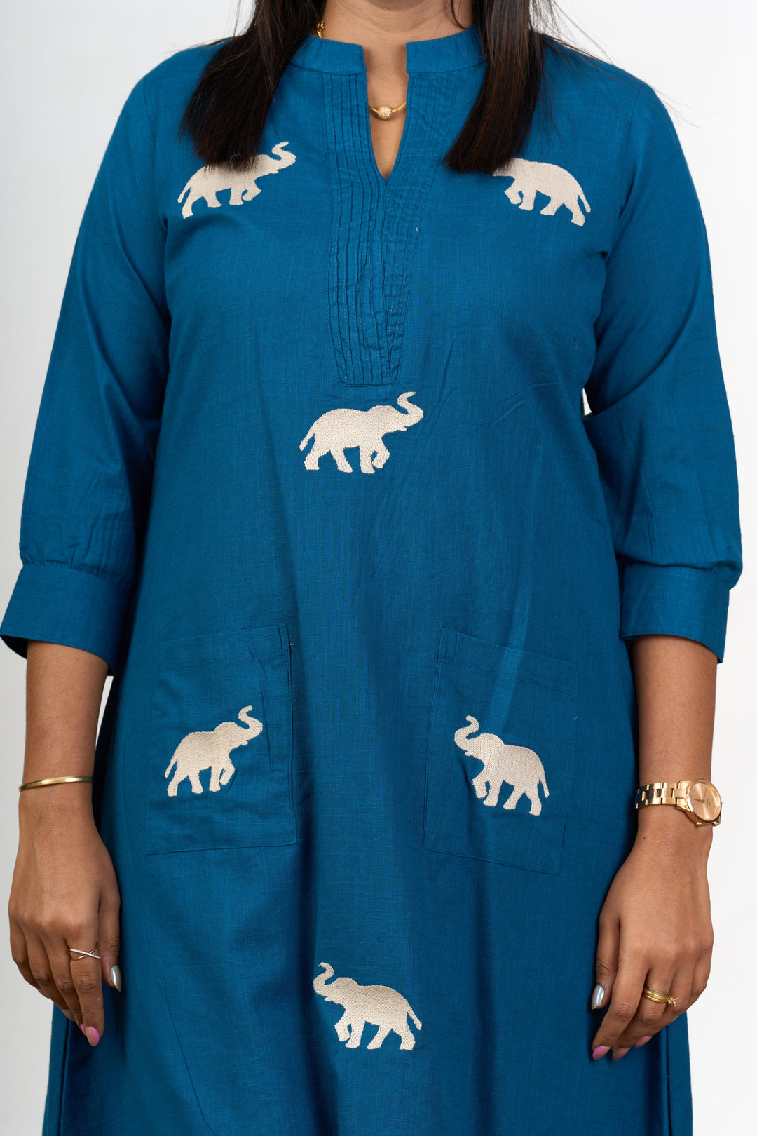 The Nesavu Womens Flared Kurthas Elegant Womens Blue Cotton Flared Kurta with Embroidered Elephant Motifs Nesavu Blue Cotton Flared Kurta Elephant Motif Embroidery Women Nesavu