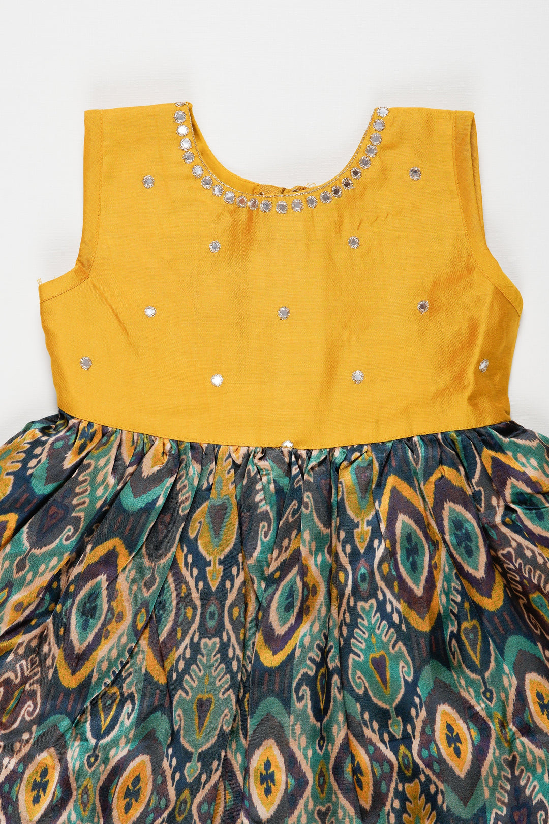 The Nesavu Girls Cotton Frock Elegant Yellow and Teal Chanderi Cotton Frock for Girls Nesavu Buy Girls Yellow Chanderi Cotton Ethnic Frock | Teal Printed Frock | The Nesavu