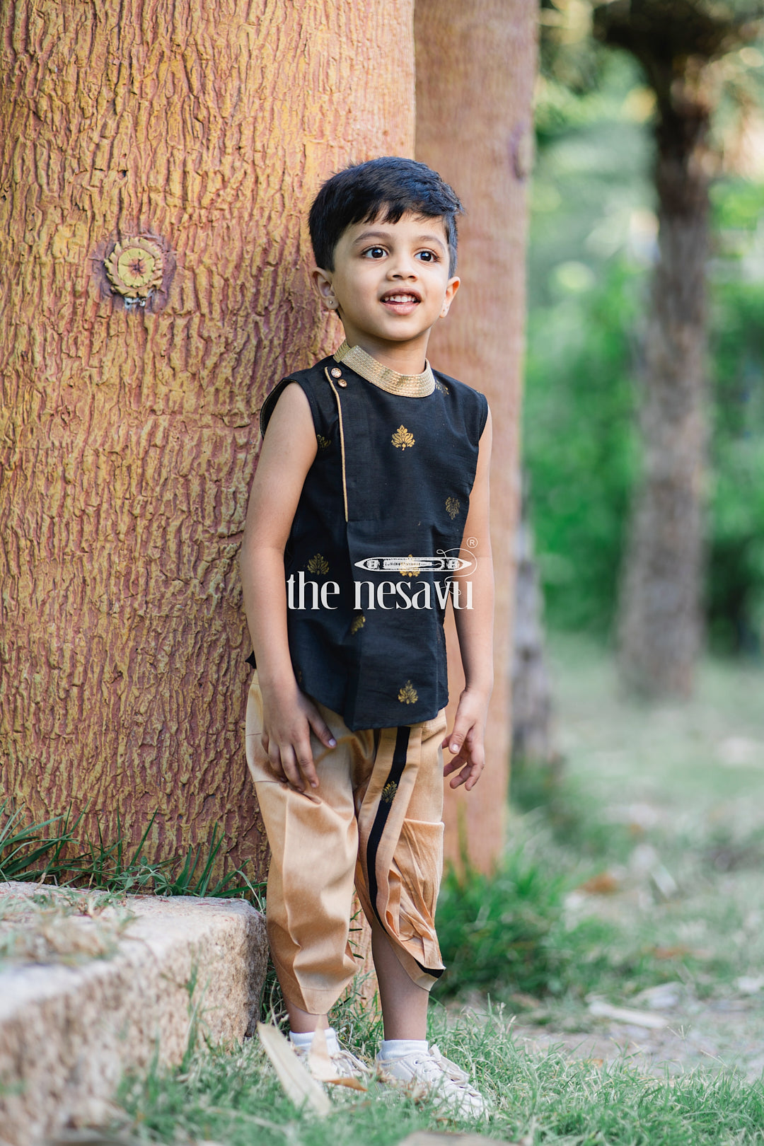 The Nesavu Boys Dothi Set Emerald Threads: Boys Green Kurta & Beige Dhoti - Traditional Butta Embroidery Nesavu 12 (3M) / Black BES359A-12 Traditional Boys Clothing | Boys Ethnic Kurta Set | The Nesavu