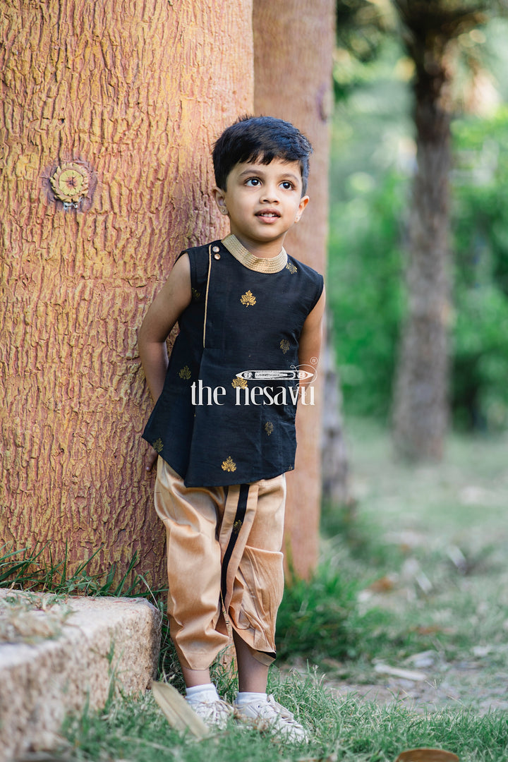 The Nesavu Boys Dothi Set Emerald Threads: Boys Green Kurta & Beige Dhoti - Traditional Butta Embroidery Nesavu Traditional Boys Clothing | Boys Ethnic Kurta Set | The Nesavu