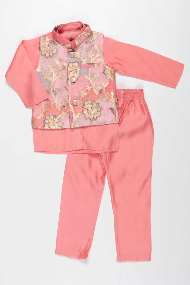 The Nesavu Boys Jacket Sets Enchanted Blossom Boys Pink Kurta with Floral Jacket Set Nesavu Boys Pink Floral Jacket Kurta Set | Elegant Festive Wear | The Nesavu