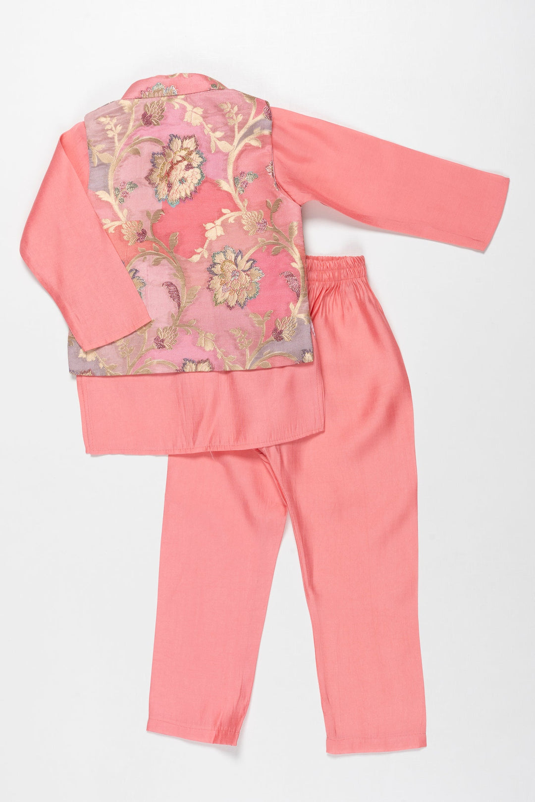 The Nesavu Boys Jacket Sets Enchanted Blossom Boys Pink Kurta with Floral Jacket Set Nesavu Boys Pink Floral Jacket Kurta Set | Elegant Festive Wear | The Nesavu