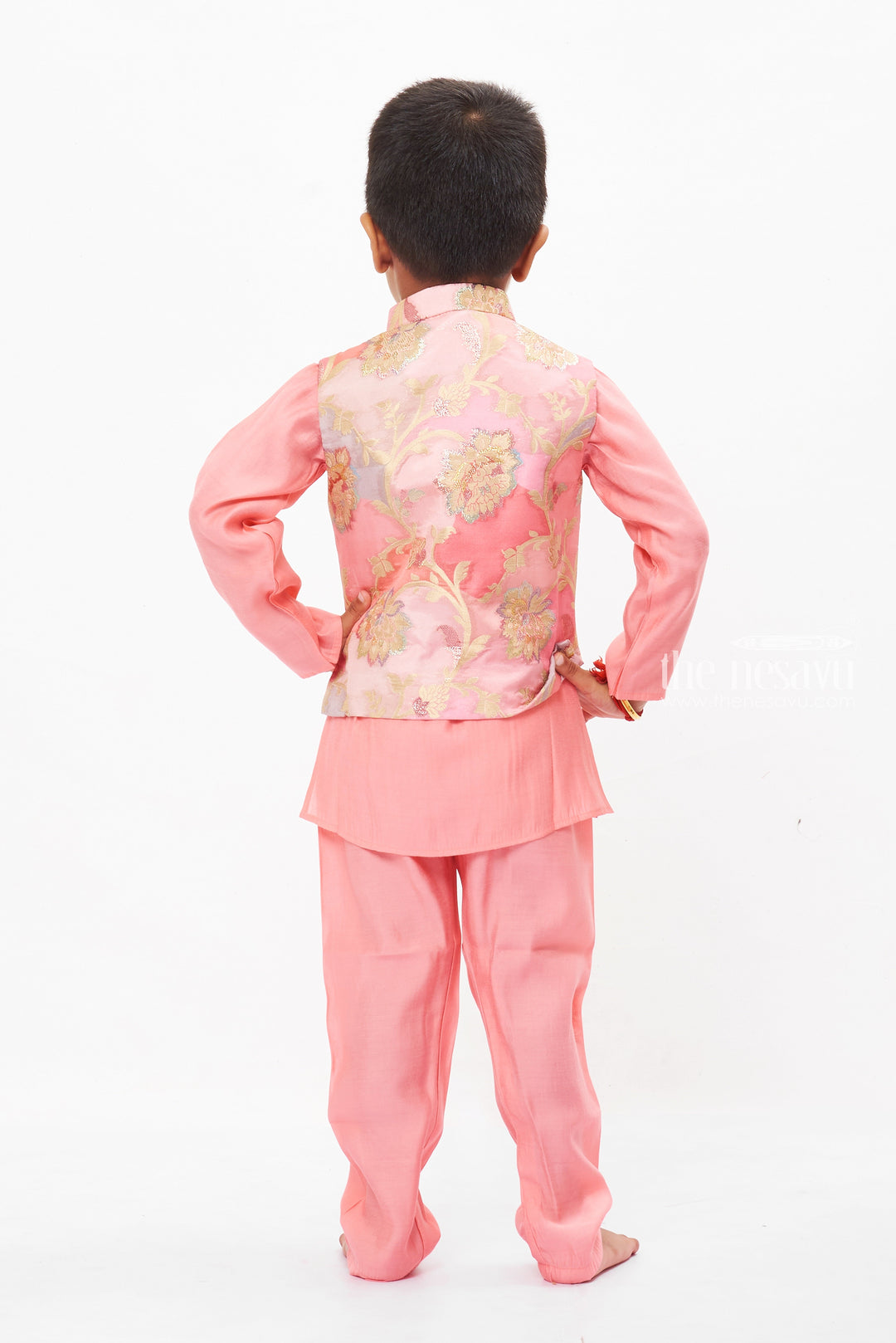 The Nesavu Boys Jacket Sets Enchanted Blossom Boys Pink Kurta with Floral Jacket Set Nesavu Boys Pink Floral Jacket Kurta Set | Elegant Festive Wear | The Nesavu