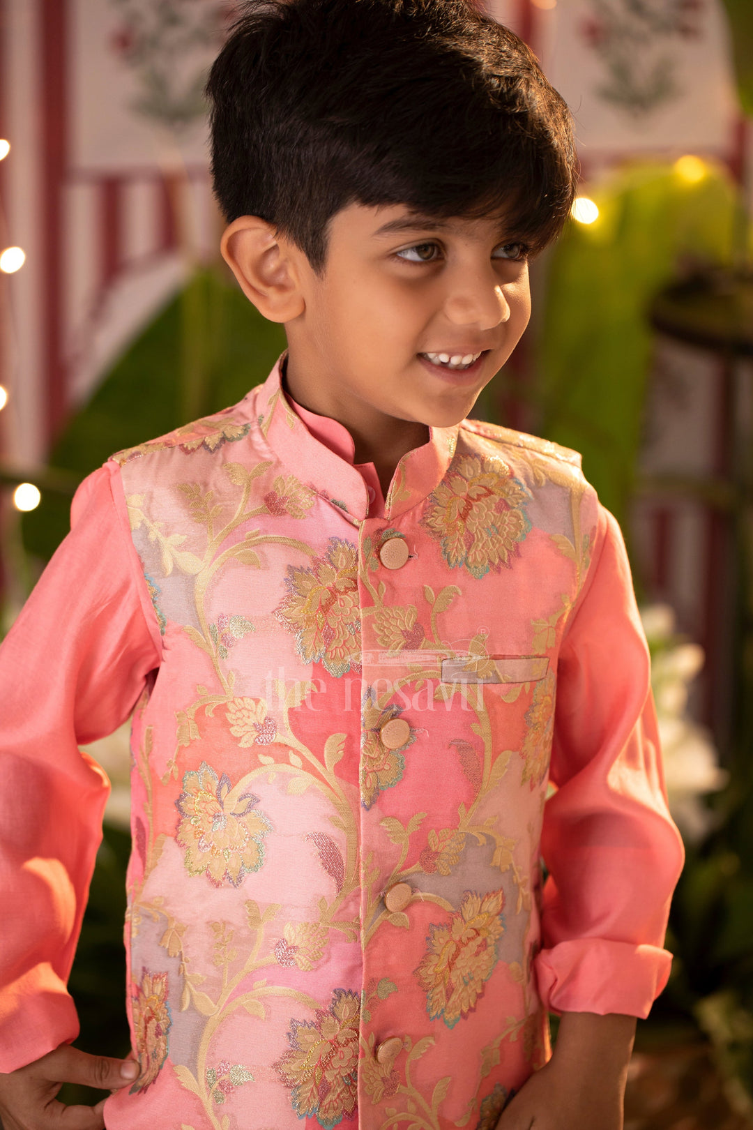 The Nesavu Boys Jacket Sets Enchanted Blossom Boys Pink Kurta with Floral Jacket Set Nesavu Boys Pink Floral Jacket Kurta Set | Elegant Festive Wear | The Nesavu