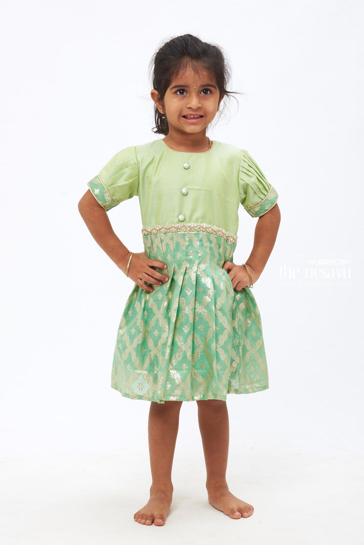 The Nesavu Silk Frock Enchanted Emerald Ensemble: Stone & Bead Adornments Silk Frock for Girls Nesavu Soft Silk Baby Dress for Weddings | Premium Festive Ensemble | The Nesavu