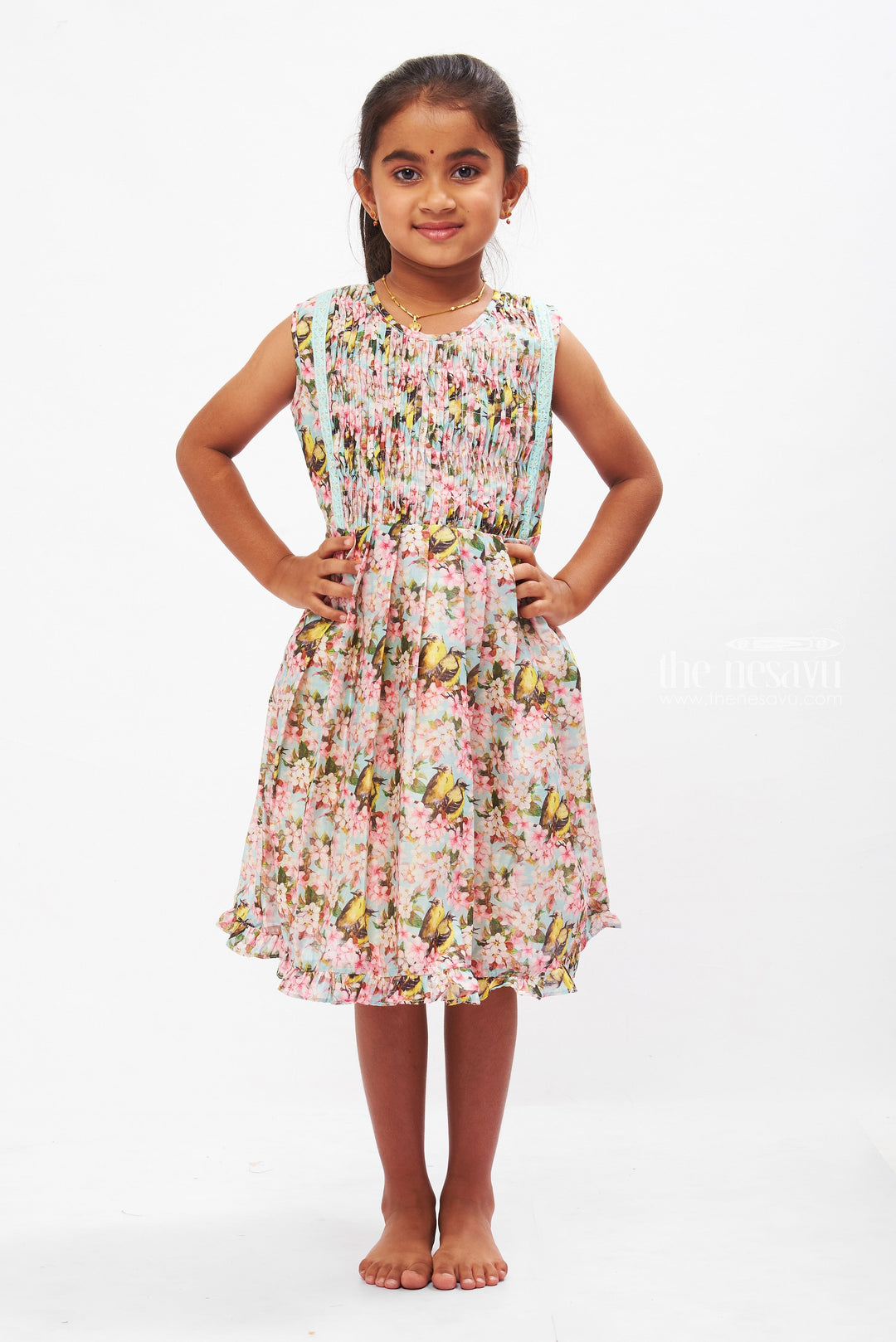 The Nesavu Girls Cotton Frock Enchanting Blossom and Bird Print Cotton Frock for Girls Nesavu 16 (1Y) / Blue / Cotton GFC1233A-16 Girls Floral Cotton Frock | Playful Bird Prints | Summer Pleated Dress | The Nesavu