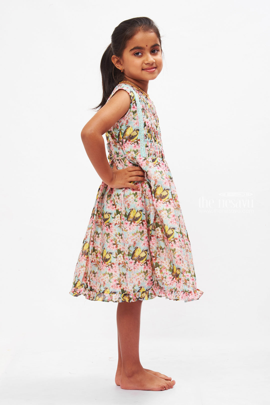 The Nesavu Girls Cotton Frock Enchanting Blossom and Bird Print Cotton Frock for Girls Nesavu Girls Floral Cotton Frock | Playful Bird Prints | Summer Pleated Dress | The Nesavu